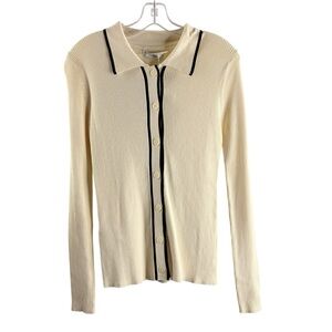 MNG MANGO Cream Ribbed Long-Sleeve Polo Cardigan with Black Trim NWT $70